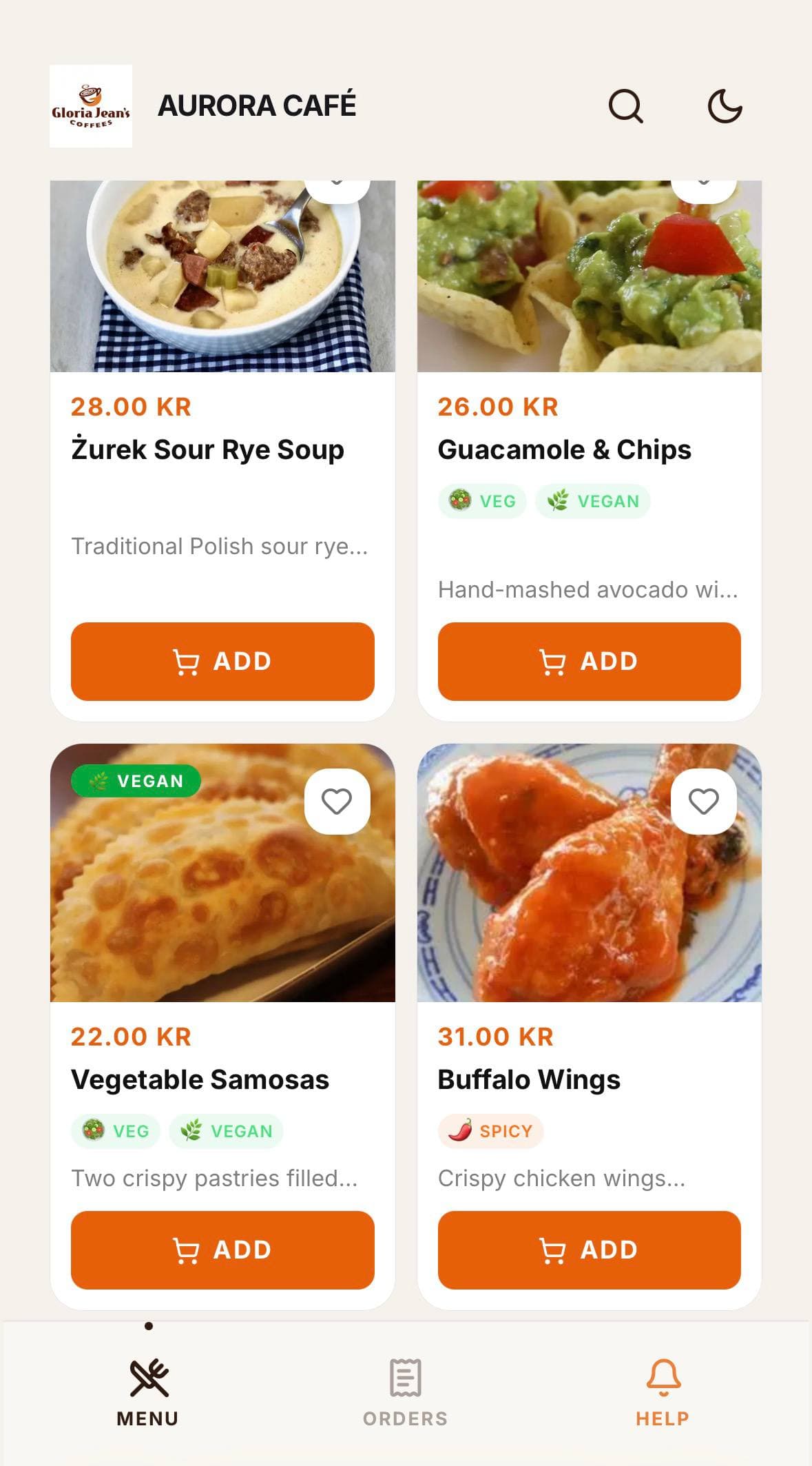 Aurora Café example menu