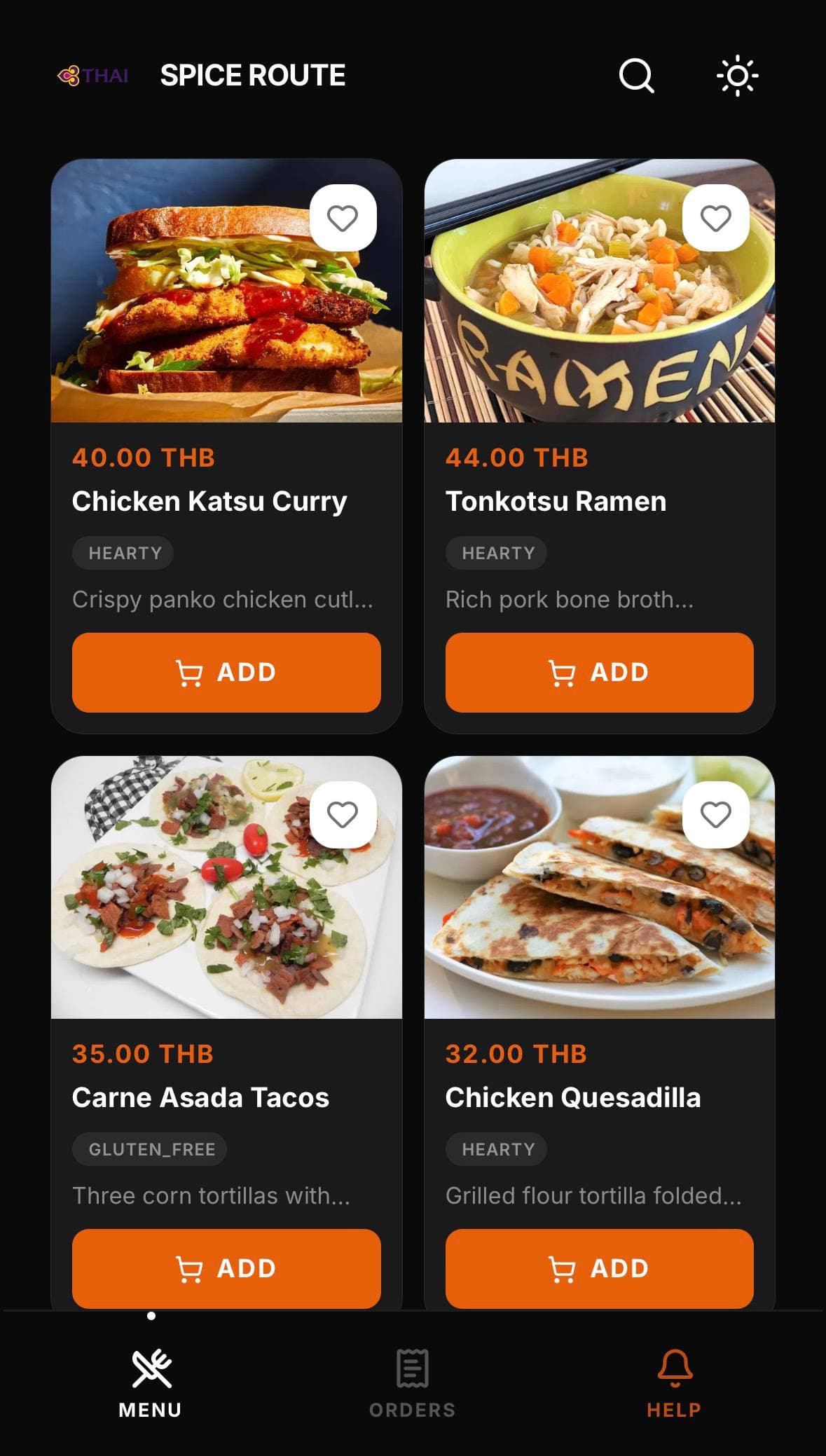 Spice Route (Dark) example menu