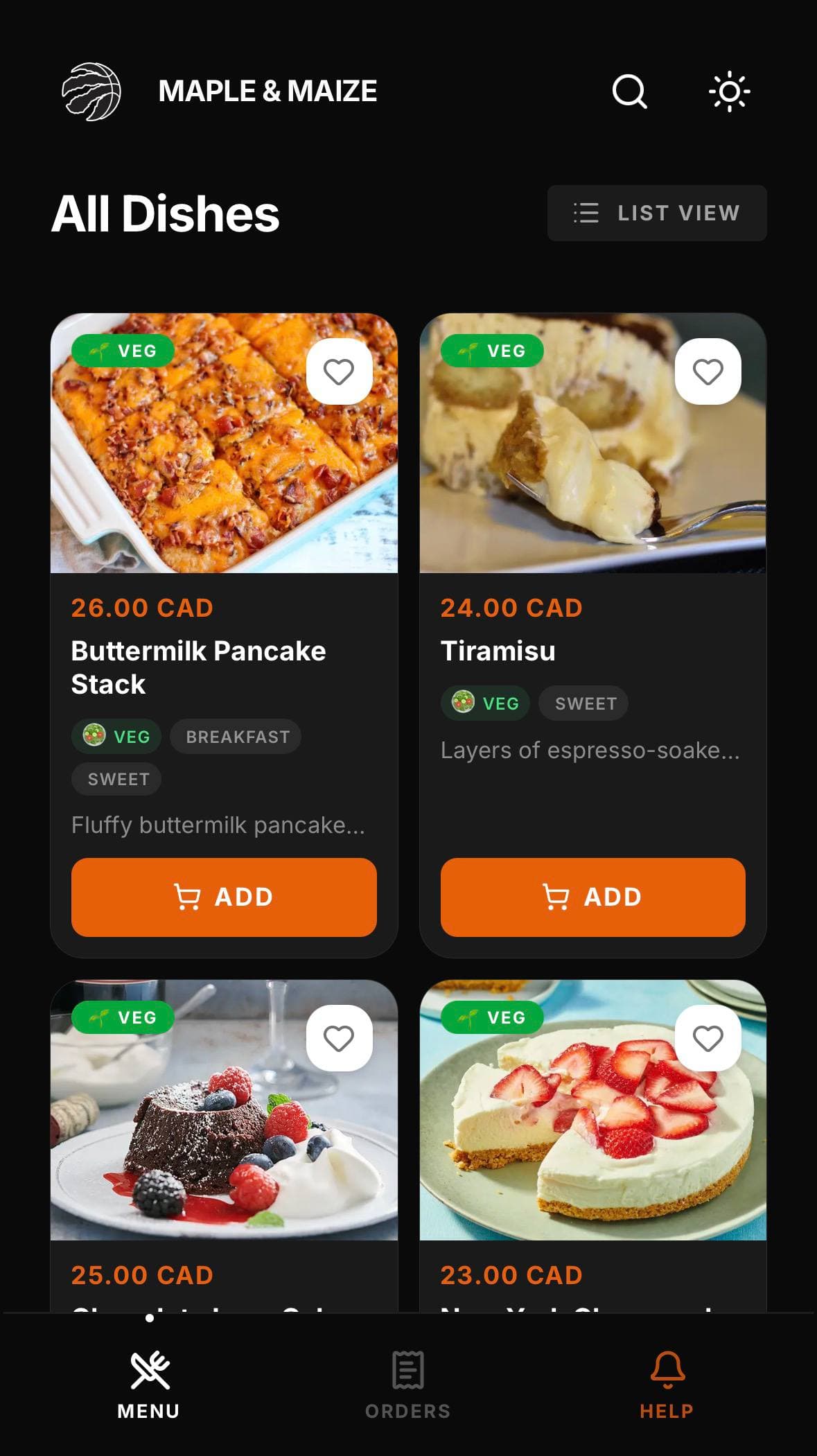 Maple & Maize example menu