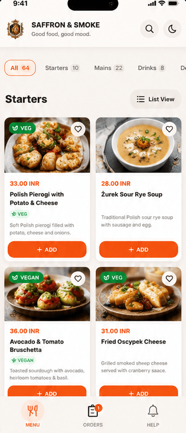 Podgląd cyfrowego menu na telefonie gościa