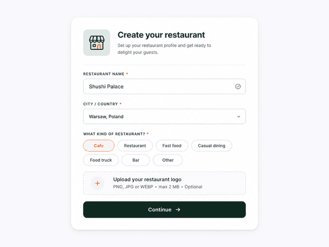 Restaurant setup onboarding form