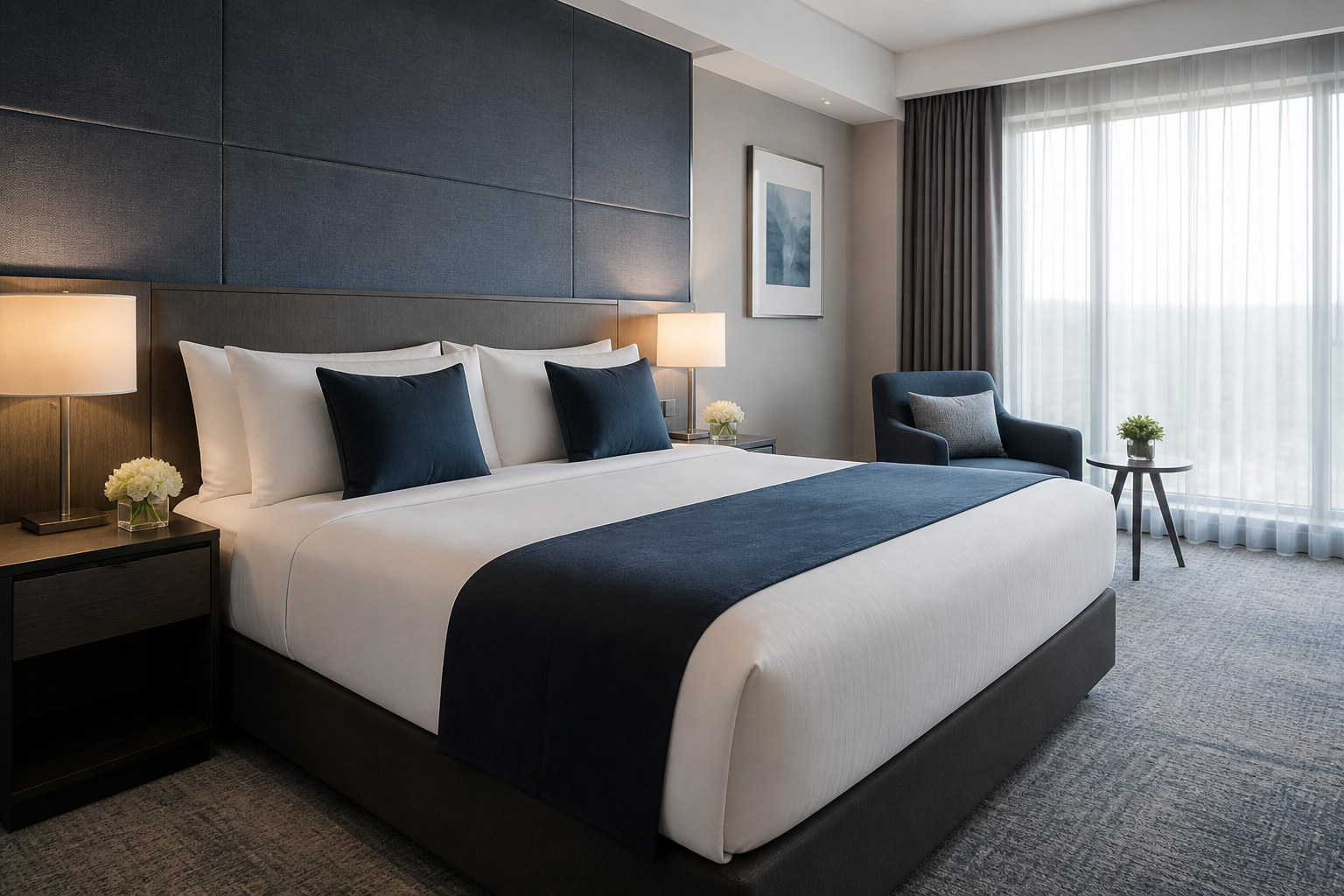 Bright modern hotel bedroom